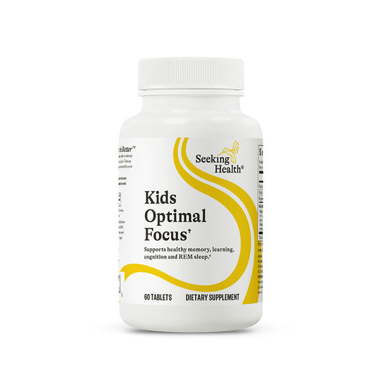 Supplement bottle labeled 'Kids Optimal Focus' by Seeking Health on a white background
