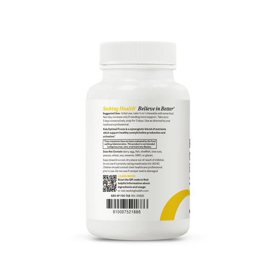 A white plastic bottle of Seeking Healths Believe in Bear dietary supplement, showing the back label with text, a QR code, and a yellow accent on a white background.