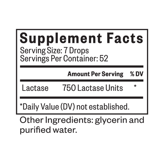Supplement facts label with lactose content and ingredients on a white background