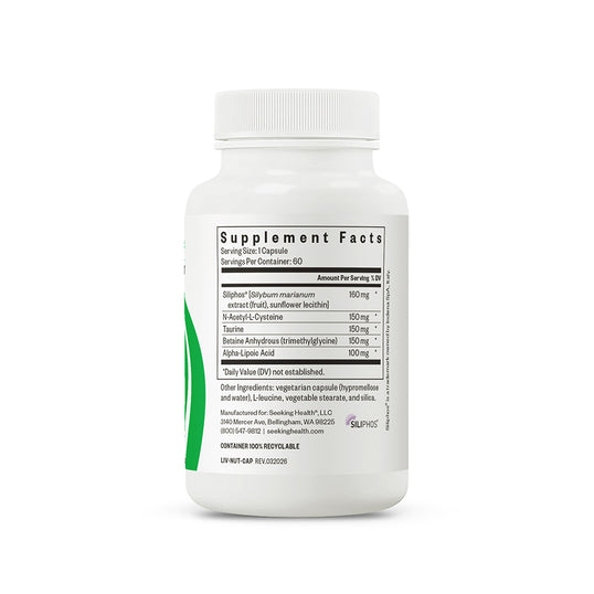 A white plastic bottle of liver nutrients supplement with a ribbed white cap, showing the Supplement Facts label on a clean white background.