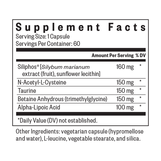 A supplement facts label showing a list of ingredients and daily value percentages, including Siliphos [Silybum marianum] extract, N-Acetyl-L-Cysteine, Taurine, Betaine Anhydrous, and Alpha-Lipoic Acid.