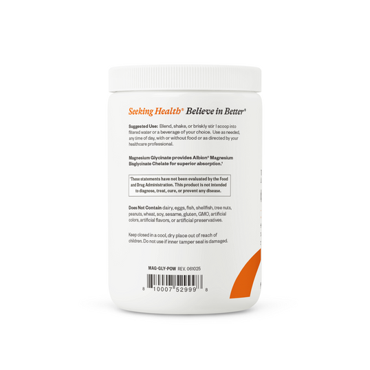 Supplement container with 'Seeking Health' branding on a white background