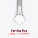 Metal scoop with text indicating serving size on a white background