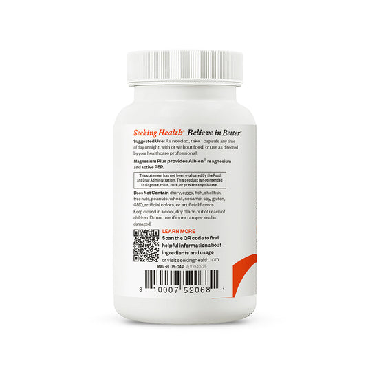 Back label of a supplement container with text and a QR code on a white background