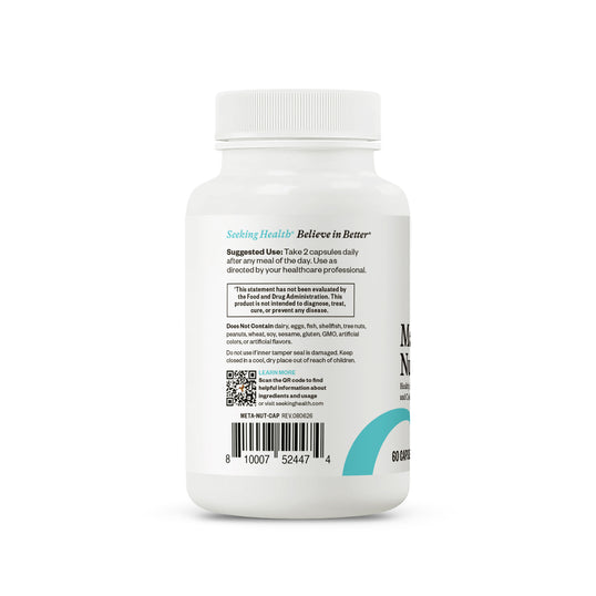White bottle of dietary supplements showing the back label with text, a barcode, and a teal curved graphic on a white background.
