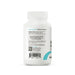 White bottle of dietary supplements showing the back label with text, a barcode, and a teal curved graphic on a white background.
