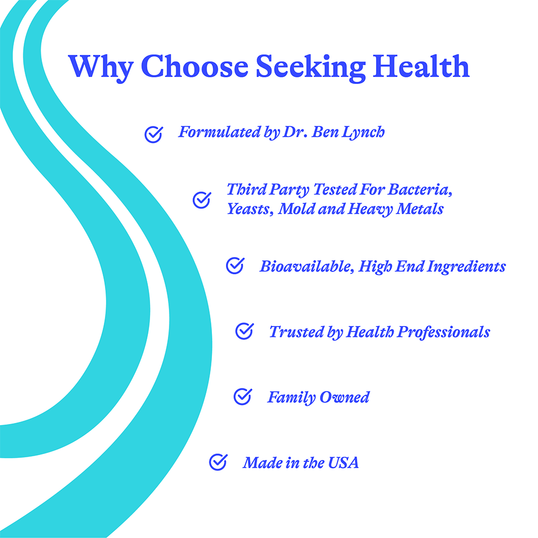 Promotional text about Seeking Health products with a blue and white design.