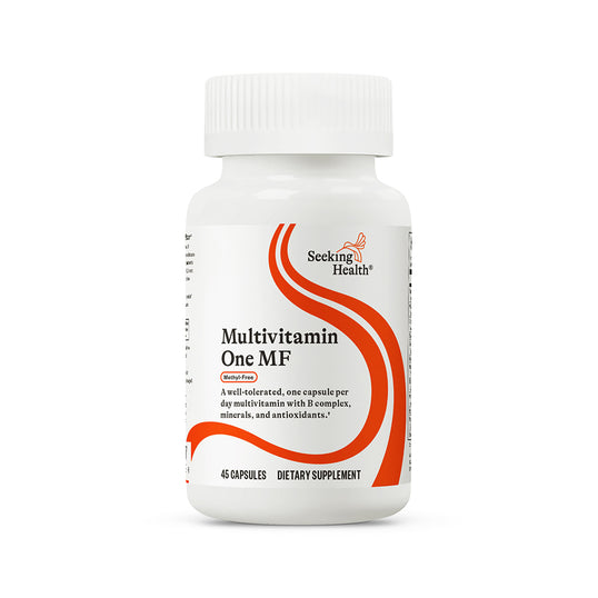 Multivitamin supplement bottle labeled 'Seeking Health Multivitamin One MF' on a white background