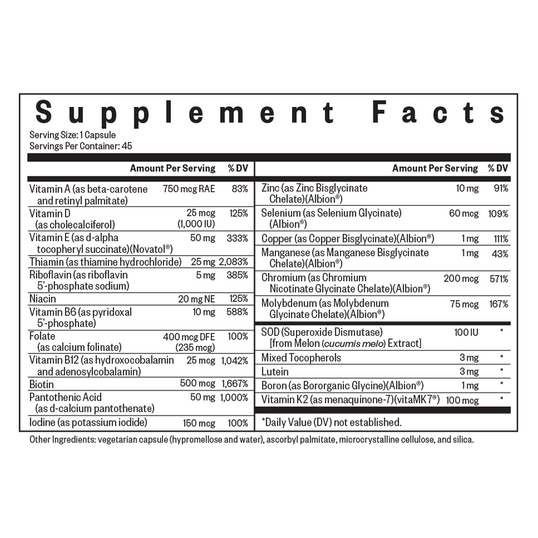 Supplement facts label with various nutrients listed on a white background