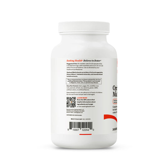 A white plastic supplement bottle shown from the back against a clean white background, displaying the text label, barcode, and QR code.