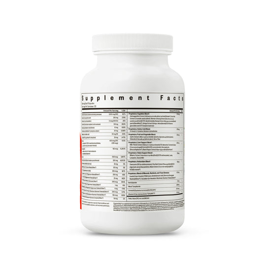 A white plastic bottle of a dietary supplement, showing the Supplement Facts label on the side against a plain white background.