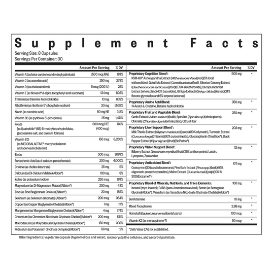 Supplement facts label with detailed nutritional information on a white background