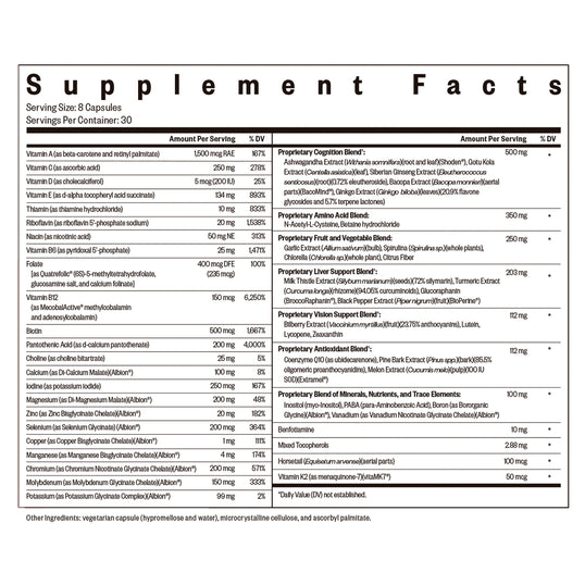A supplement facts label for a container of 30 capsules, showing a detailed table of nutrients and proprietary blends per serving and per 100 g.