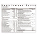 A supplement facts label for a container of 30 capsules, showing a detailed table of nutrients and proprietary blends per serving and per 100 g.