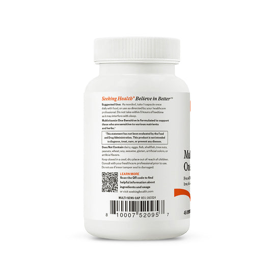 Multivitamin one sensitive back side panel of bottle 