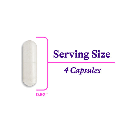A single white capsule pill shown on a white background with pink and purple text reading 'Serving Size 4 Capsules' and '0.92"'.