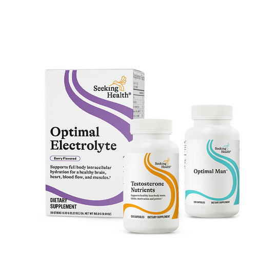 This image displays the "Motivated Man Bundle" from Seeking Health, which includes three dietary supplement products designed to support male health and wellness. The bundle features the "Optimal Electrolyte" supplement, which is packaged in a purple and white box and bottle, highlighting its benefits for body hydration, heart, blood flow, and muscles.