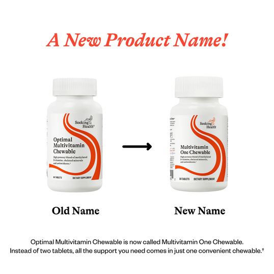 Two bottles of a multivitamin supplement with text indicating a product name change.
