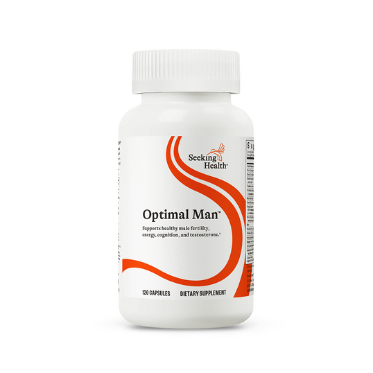 Supplement bottle labeled 'Optimal Man' by Seeking Health on a white background