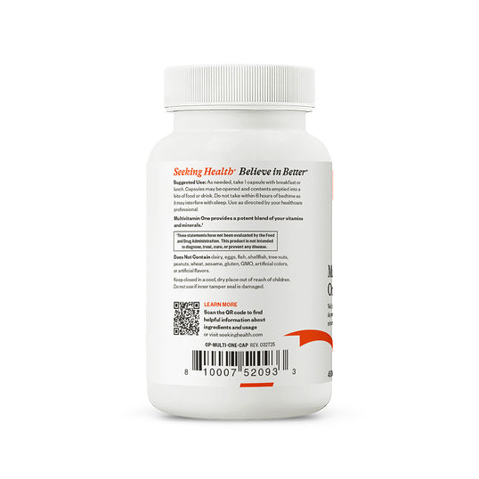 Back label of a supplement container with text and a QR code on a white background