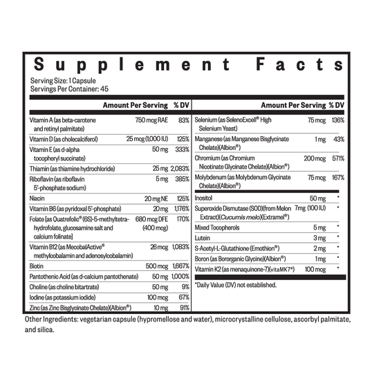 Supplement facts label with detailed nutritional information on a white background