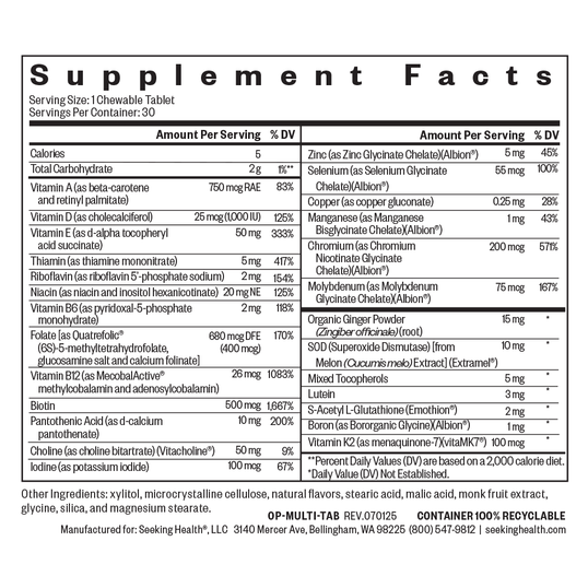 Supplement facts label for a multivitamin product