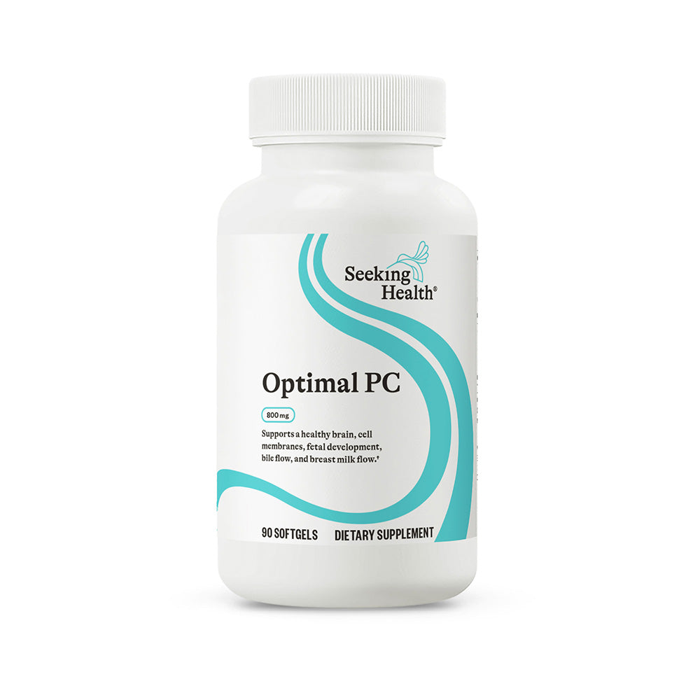 Supplement bottle labeled 'Optimal PC' by Seeking Health on a white background