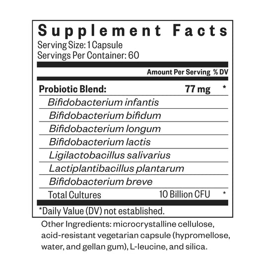 Supplement facts label for a probiotic blend with specific bacteria strains on a white background.