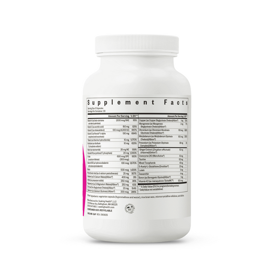 Supplement container with nutritional information on a white background