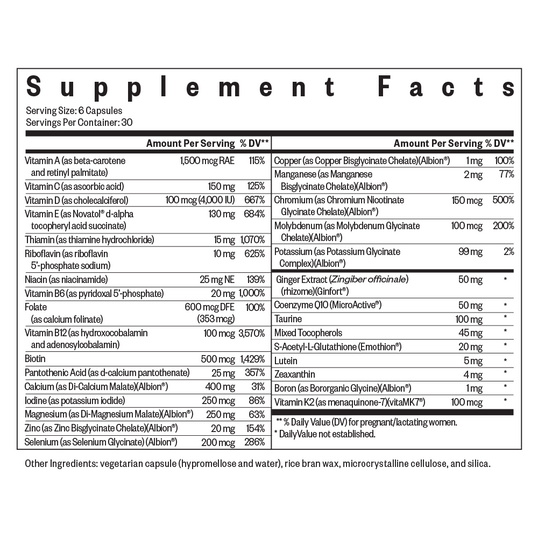 Supplement facts label with detailed nutritional information on a white background