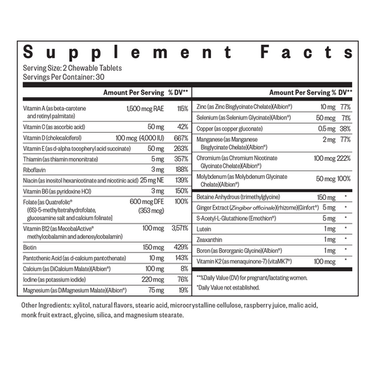 Supplement facts label for chewable tablets with detailed nutritional information.