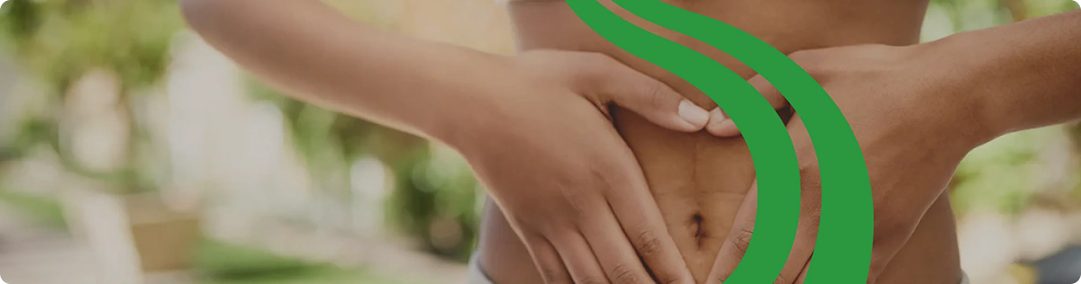 Close-up of a person's hands with a green curved line overlay, set against a blurred natural background.