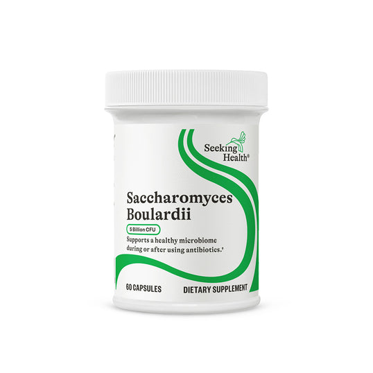 Supplement container labeled 'Saccharomyces Boulardii' by Seeking Health on a white background