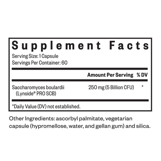 Supplement facts label for a product containing Saccharomyces boulardii on a white background.