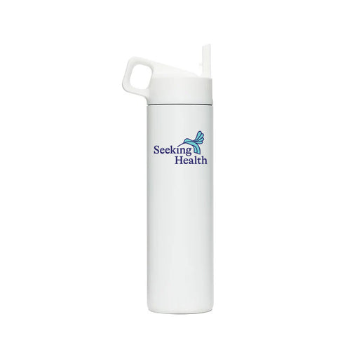 Seeking Health 
branded water bottle - white with blue bird