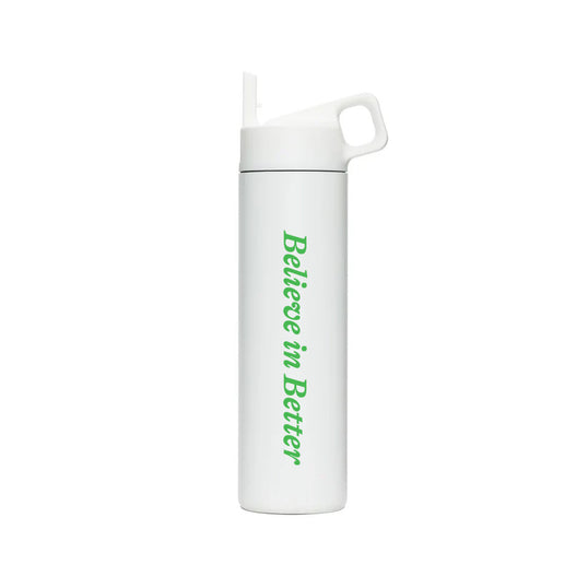 white Water bottle with tag line in green