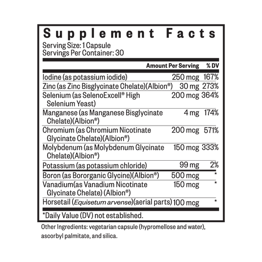 Supplement facts label with various nutrients and their amounts per serving.