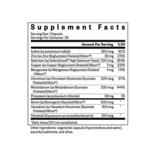Supplement facts label with various nutrients listed on a white background