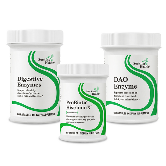Three dietary supplement containers labeled 'Digestive Enzymes', 'ProBiota HistaminX', and 'DAO Enzyme' on a white background.