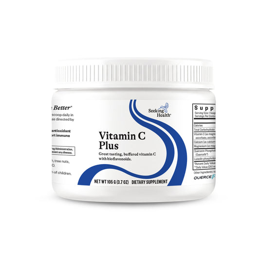 A white plastic tub of Seeking Health Vitamin C Plus dietary supplement with blue and black text on a white background.