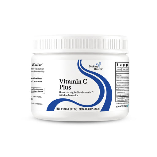 A white plastic tub of Seeking Health Vitamin C Plus dietary supplement with blue and black text on a white background.