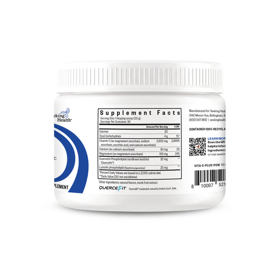 A white plastic supplement jar shown from the back, displaying the Supplement Facts label. The label features blue and black text and graphics, including the Ourvita Health brand name and logo.