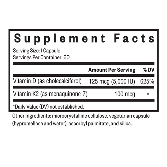 Nutrition facts of Vitamin D3 + K2.