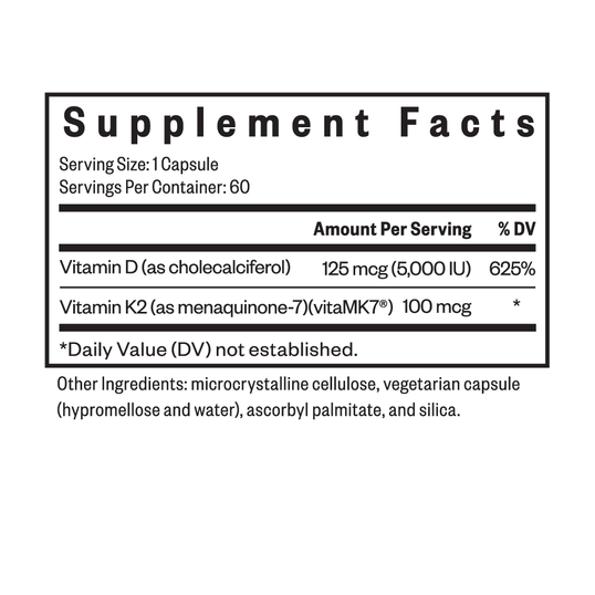 Supplement facts label for a vitamin D and K2 supplement on a white background