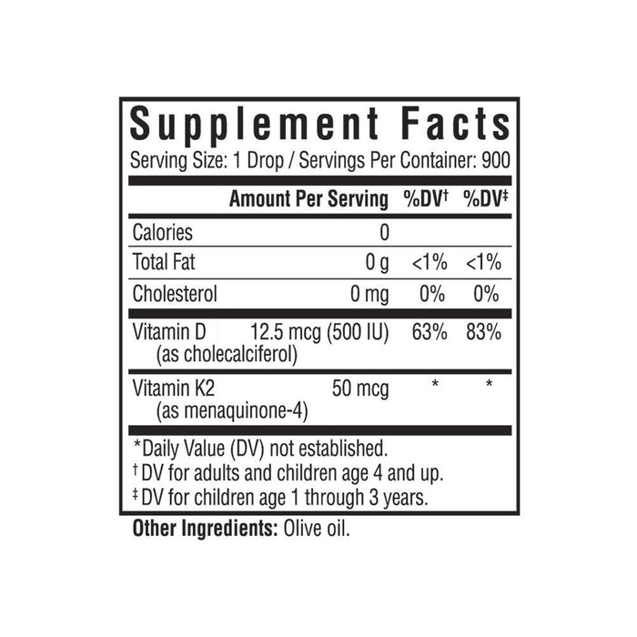 Vitamin D3+K2 Supplement facts panel 